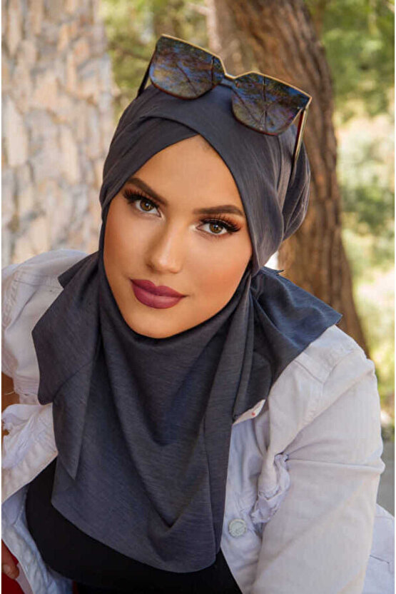 Antrasit Çapraz Bantlı Medium Size Hijab - Hazır Şal