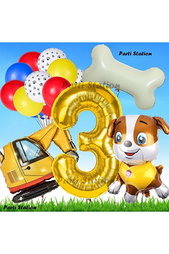 Paw Patrol Rubble Dozer Araçlı Köpek Konsept 3 Yaş Doğum Günü Parti Balon Set Paw Patrol Kemik Balon
