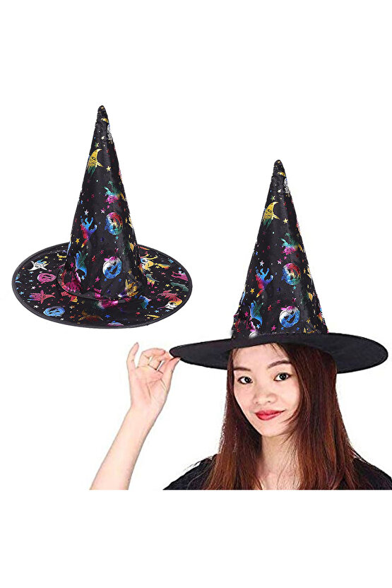 Himarry Cadı Şapkası Siyah Üzeri Rengarenk Balkabağı Cadı Figür Baskılı 38x34 Cm