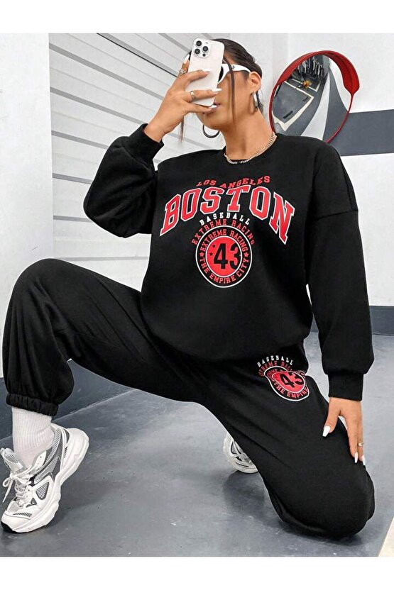 Kadın Siyah Boston Baskılı Bisiklet Yaka Sweatshirt-Eşofman Takım