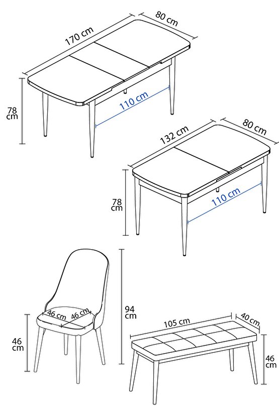 Ikon Meşe Desen 80x132 Mdf Açılabilir Mutfak Masası Takımı 4 Sandalye, 1 Bench