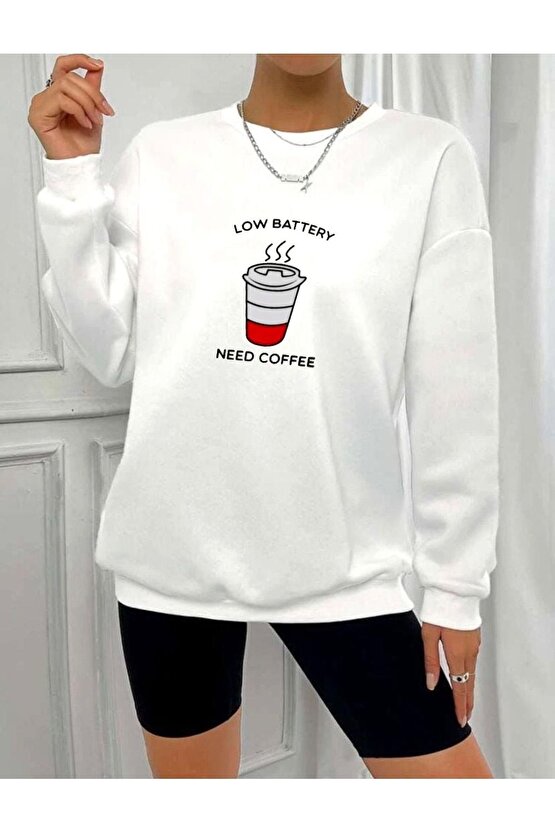 Oversize Kahve Ihtiyacı Tasarım Beyaz Sweatshirt