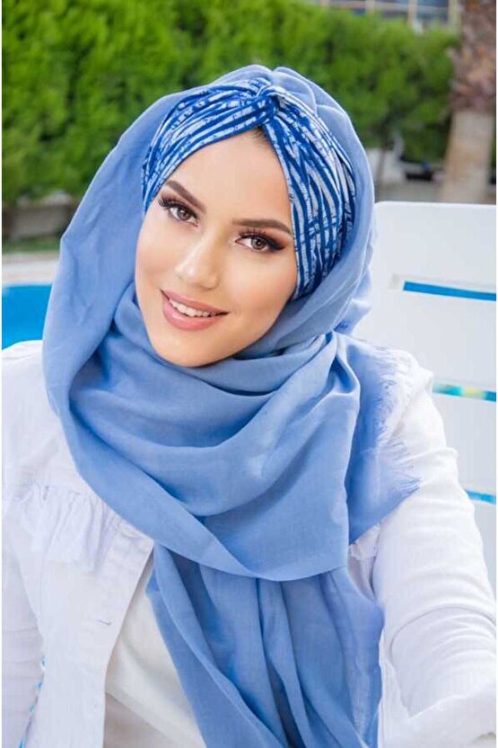 Indigo Çizgili Büzgülü Hazır Şal - 50601