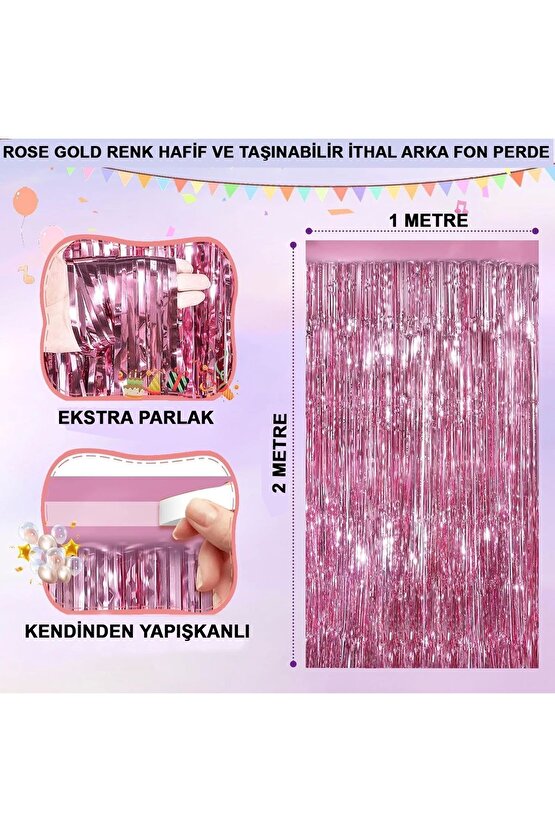 Rose Gold Renk Ekstra Metalize Parlak Saçaklı Arka Fon Perde Ithal A Kalite 1x2 Metre