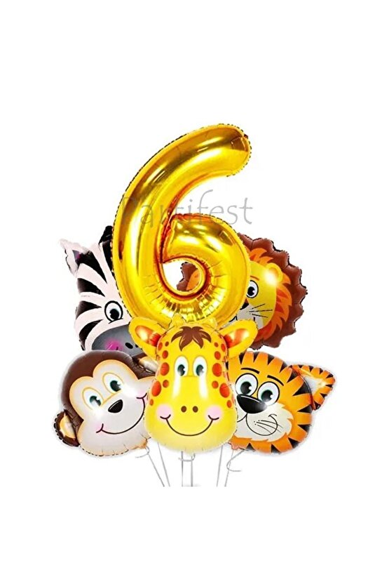 Safari Hayvanlar 6 Yaş Balon Set Safari Büyük Kafa Balon Folyo Balon Set Konsept Doğum Günü Set