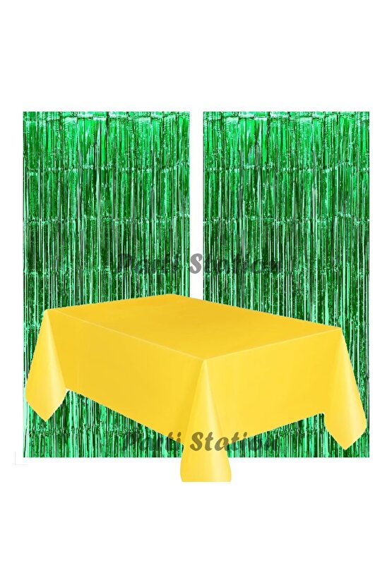 2 Adet Yeşil Renk Metalize Arka Fon Perdesi ve 1 Adet Plastik Sarı Renk Masa Örtüsü Set