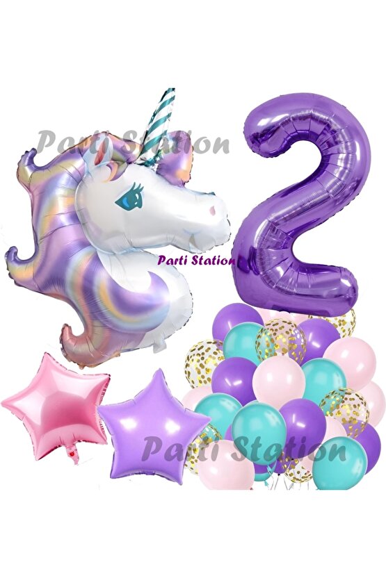 Mor Rakam Balonlu Unicorn Konsept 2 Yaş Doğum Günü Balon Set Mor Unicorn Tema Folyo Balon Set