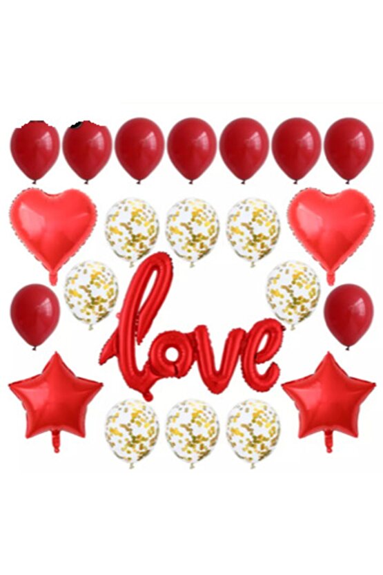 Sevgililer Günü Love Kırmızı El Yazılı Folyo Balon Gold Konfetili Balon Seti