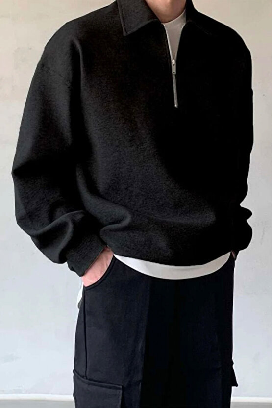 Erkek Polo Yaka Siyah Oversize Sweatshirt