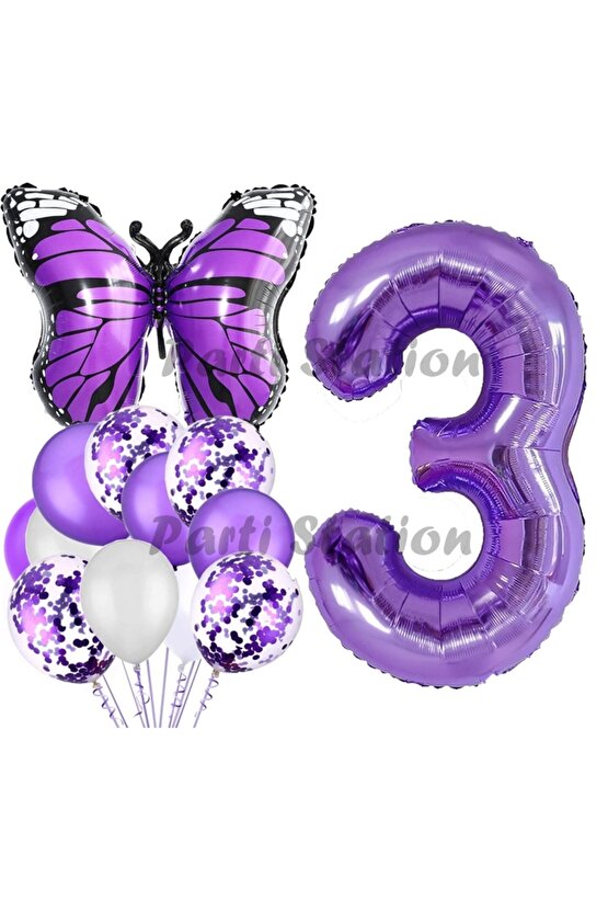 Mor Kelebek Konsept 3 Yaş Balon Set Butterfly Kelebek Mor Rakam Balon Parti Doğum Günü Balon Set