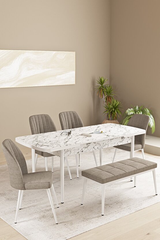 Floryn Mdf Beyaz Mermer Desen Açılabilir 80x132 Cm 4 Sandalyeli Benchli Mutfak Masası Takımı