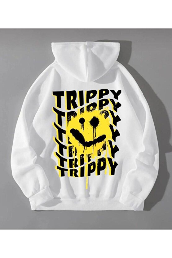 Kapşonlu Oversize Trippy Baskılı Beyaz Sweatshirt