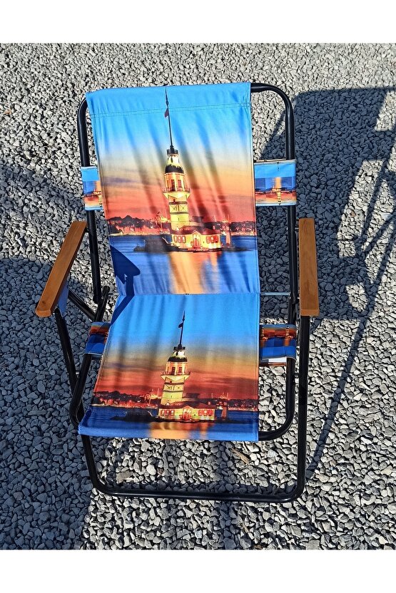 Piknik Kamp Sandalyesi 6 Adet Ahşap Kollu Katlanır Baskılı Plaj Deniz Piknik