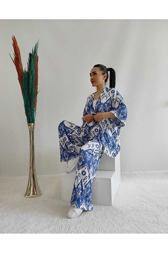Mavi Renk Moda Desenli Ikili Kimono Takım ( Rahat Kalıp ) puqqasz002