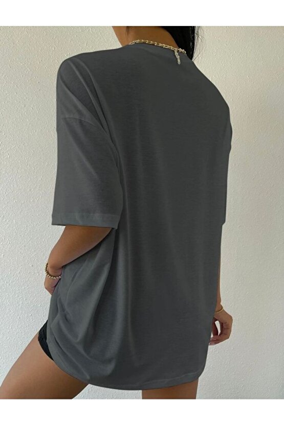 Kadın Oversize Over Thinking Baskılı Antrasit Tshirt