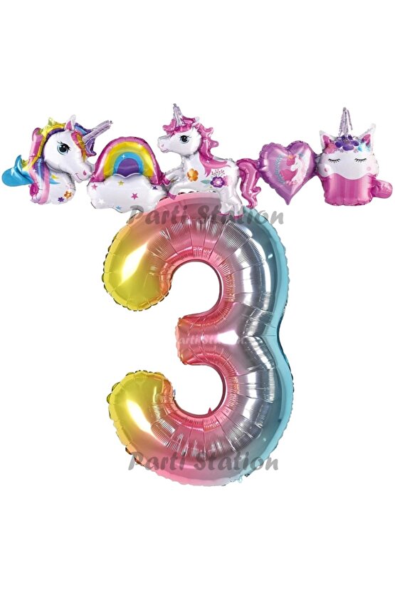 Renkli Gökkuşağı Renk Rakam Balonlu Unicorn 3 Yaş Doğum Günü Parti Balon Set Unicorn Tema Parti Seti