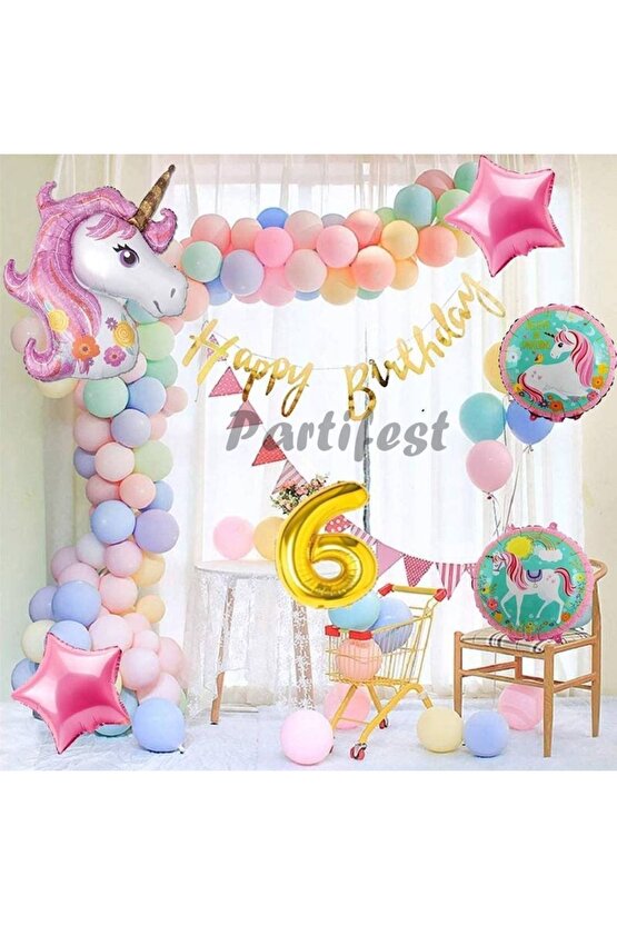 Unicorn Konsept 6 Yaş Balon Doğum Günü Set Tek Boynuzlu At Unicorn Yaş Balon Set