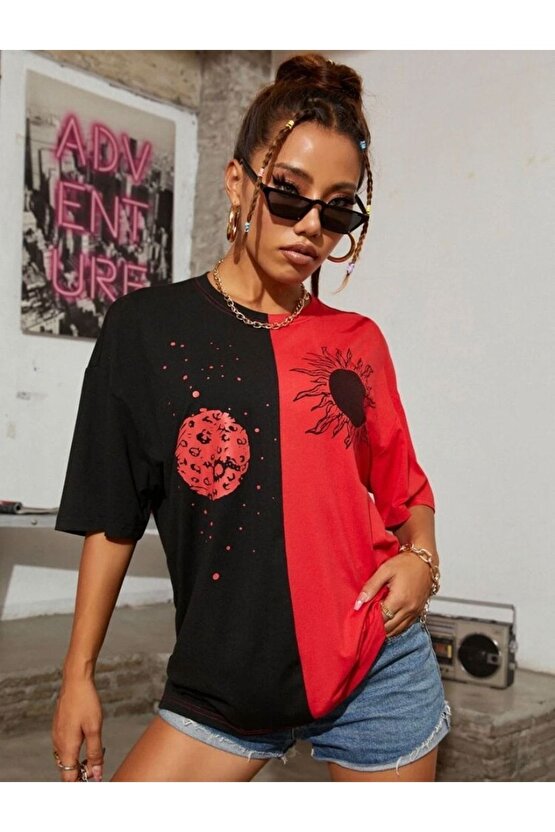 Unisex Oversize Kırmızı-siyah Sun Moon Baskılı Çift Renk Tshirt