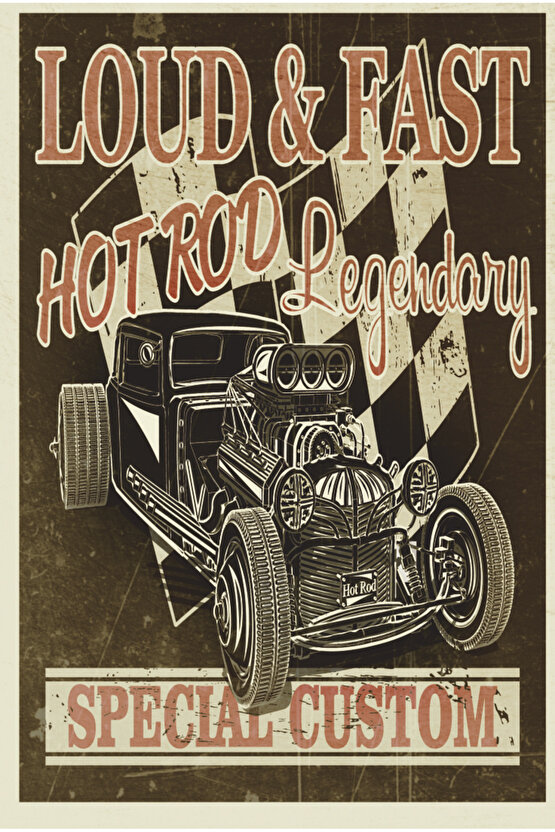 loud fast hot rod klaik nostaljik araba yarışları retro ahşap poster