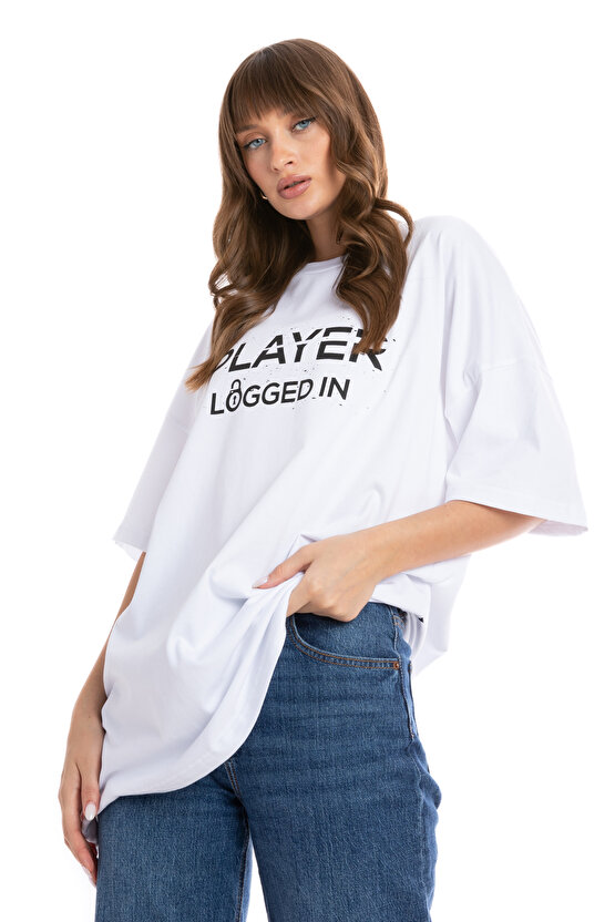 %100 Pamuk Beyaz Unisex Oversize Kısa Kollu T-Shirt | Player Logged In