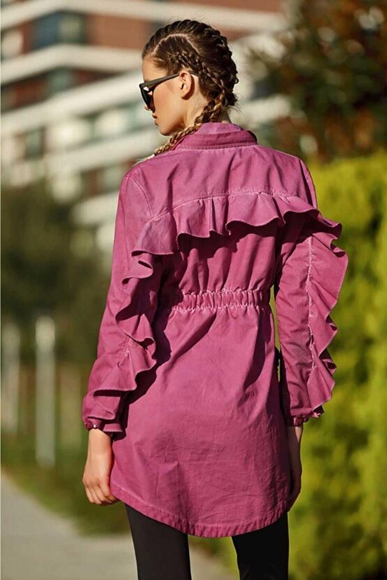 7035 Kadın Gül Kurusu Spor Fermuarlı Fırfırlı Kapüşonlu Tunik Ceket