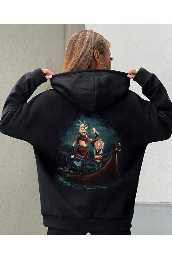 Kapşonlu Oversize Unisex Sırt Baskılı Rickmorty Sweatshirt