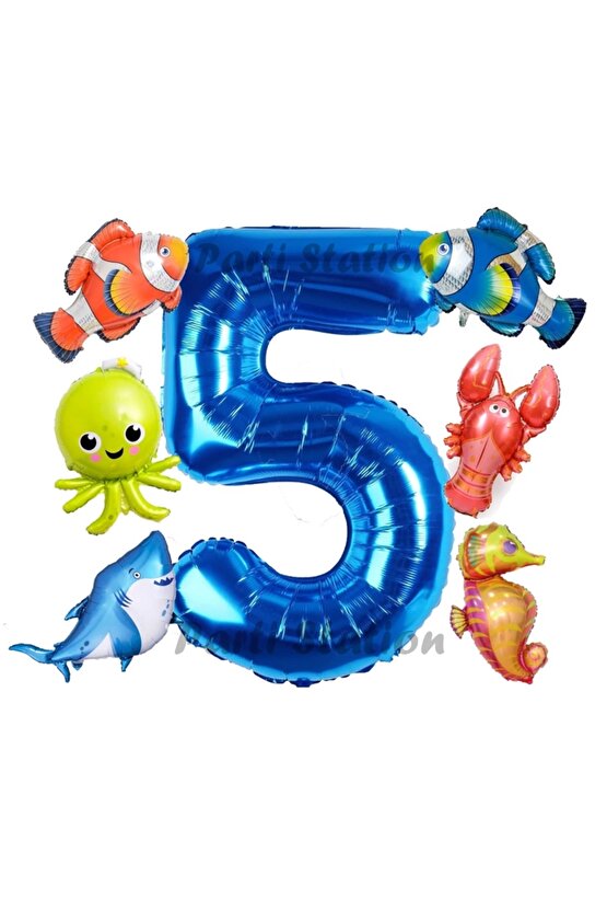 Okyanus Hayvanları 5 Yaş Doğum Günü Balon Set Deniz Canlıları Köpek Balığı Ahtapot Kırmızı Balık Set