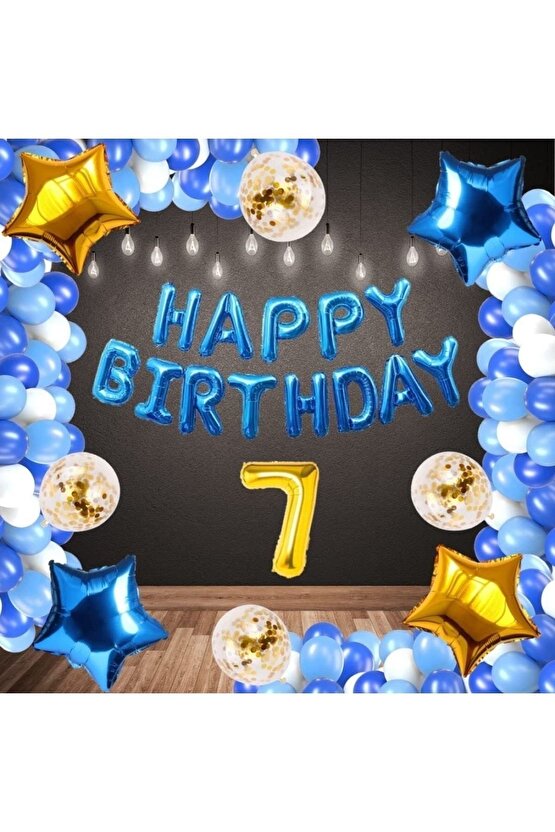 Mavi Konsept Happy Birthday 7 Yaş Doğum Günü Set Mavi Konsept Zincir Balon Set 7 Yaş Balon Seti