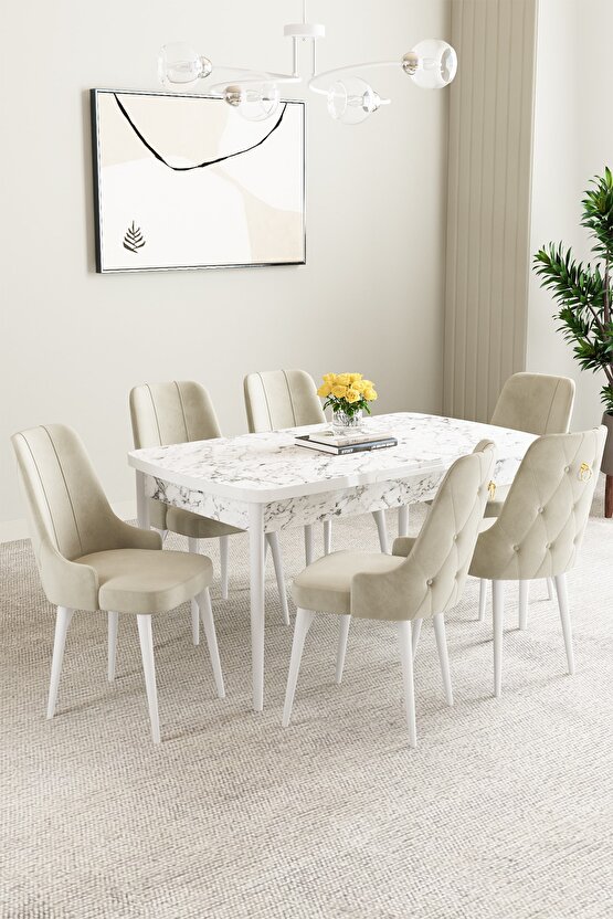 Mabel Beyaz Mermer Desen 80x132 Açılabilir Yemek Odası Takımı 6 Adet Sandalye