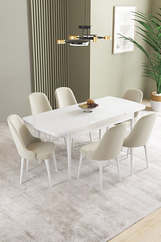 Ikon Beyaz 80x132 Mdf Açılabilir Yemek Masası Takımı 6 Adet Sandalye