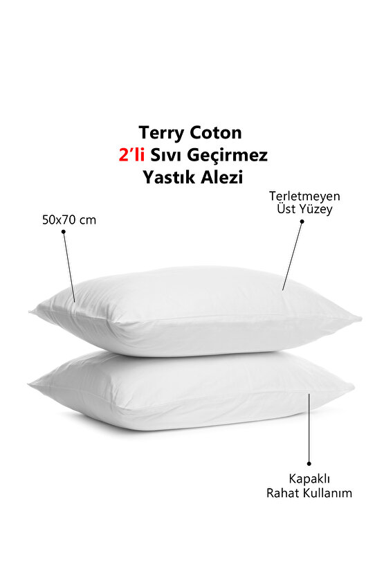 Terry Cotton Pamuklu 2li Kapaklı Sıvı Su Geçirmez Yastık Koruyucu Alezi 50x70 cm