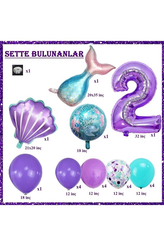 Mor Rakam Balon 2 Yaş Deniz Kızı Temalı Doğum Günü Parti Kutlama Seti Konsept 1
