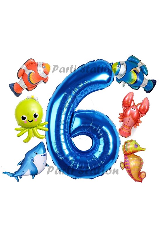 Okyanus Hayvanları 6 Yaş Doğum Günü Balon Set Deniz Canlıları Köpek Balığı Ahtapot Kırmızı Balık Set