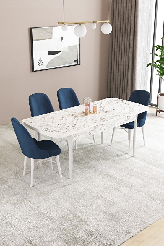 Ella Beyaz Mermer Desen 80x132 Mdf Açılabilir Mutfak Masası Takımı 4 Adet Sandalye