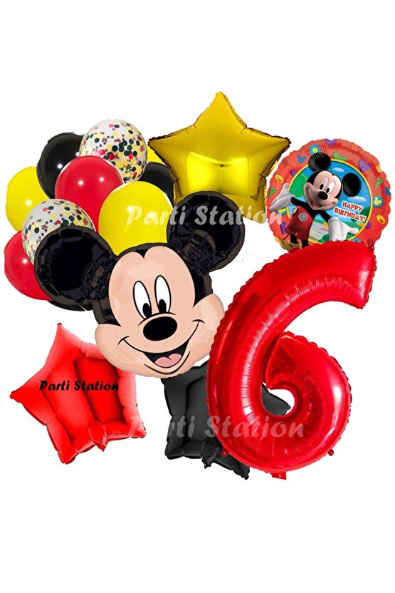 Mickey Mouse 6 Yaş Doğum Günü Parti Balon Seti Fare Mickey Mouse Kırmızı Rakam Balon Konsept Set