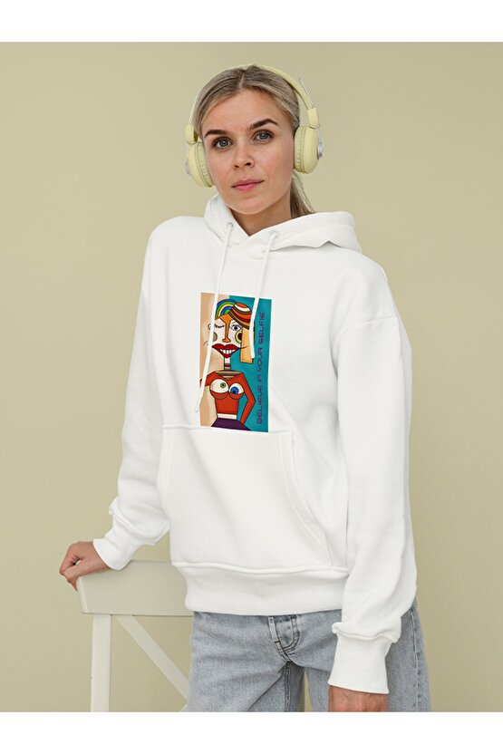 Postmodern Sanat Baskılı Tasarım 2 Iplik Şardonlu Beyaz Hoodie Sweatshirt
