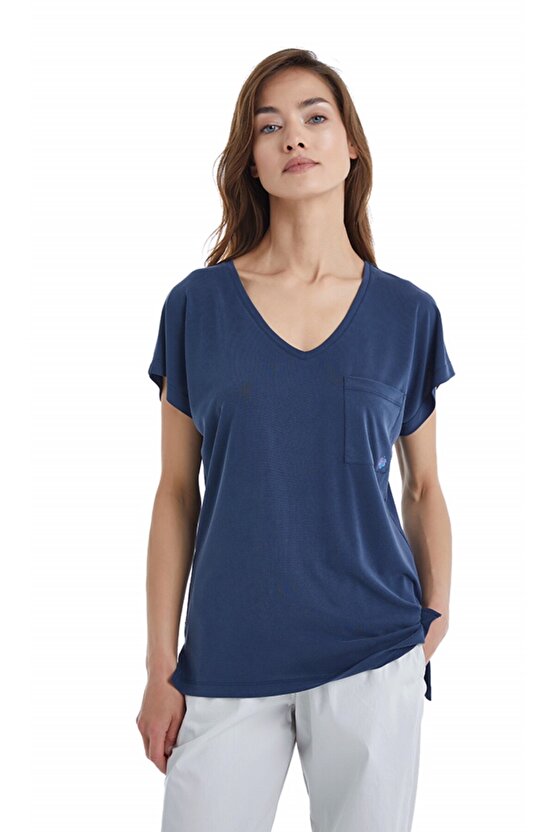 Kadın V Yaka T-Shirt-60400-Lacivert
