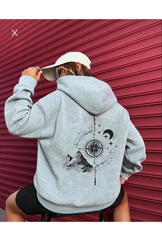 Oversize Unisex Pusula Baskılı Gri Sweatshirt