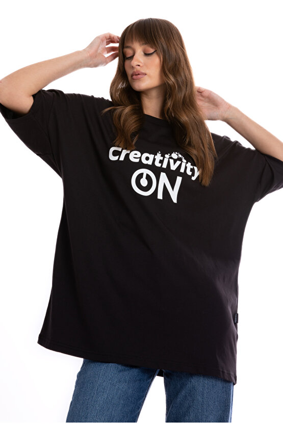 %100 Pamuk Siyah Unisex Oversize Kısa Kollu T-Shirt | Creativity On