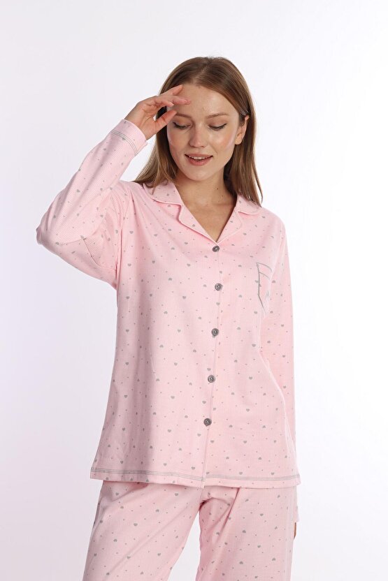 %100 Pamuk Uzun Kol Önden Düğmeli Kadın Pijama Takımı