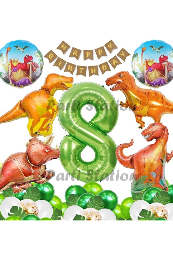 Orman Tema Jurassic Park Dinozor Konsept Yeşil Rakam Balon 8 Yaş Dev Balonlu Doğum Günü Balon Set