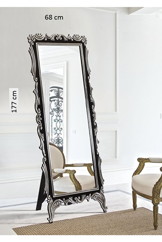 Dekoratif Siyah Üzeri Gümüş Boyalı Oymalı Ayaklı Boy Aynası 177 X 68 Cm