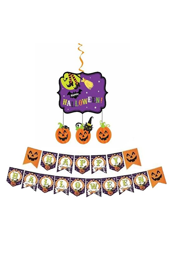 Halloween Cadılar Bayramı Asmalı Sarkıt Happy Halloween Süs ve Halloween Banner 2li Set