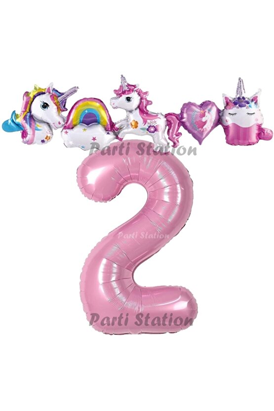 Pembe Renk Rakam Balonlu Unicorn 2 Yaş Doğum Günü Parti Balon Set Pembe Renk Unicorn Tema Parti Seti