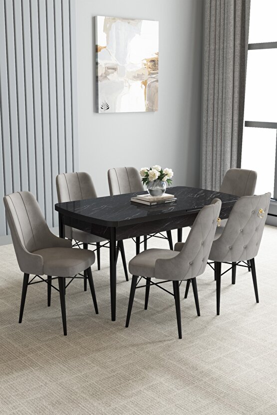 Jusie Siyah Mermer Desen 80x132 Açılabilir Mutfak Masası Takımı 6 Adet Sandalye