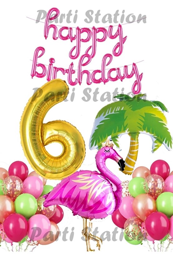 Tropikal Konsept Parti Flamingo 6 Yaş Doğum Günü Balon Seti Yaz Temalı Tropikal Flamingo Parti