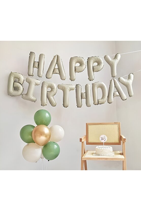 Krem Renk Happy Birthday Folyo Balon Set 36 cm 1 Adet Doğum Günü Parti Balon Set
