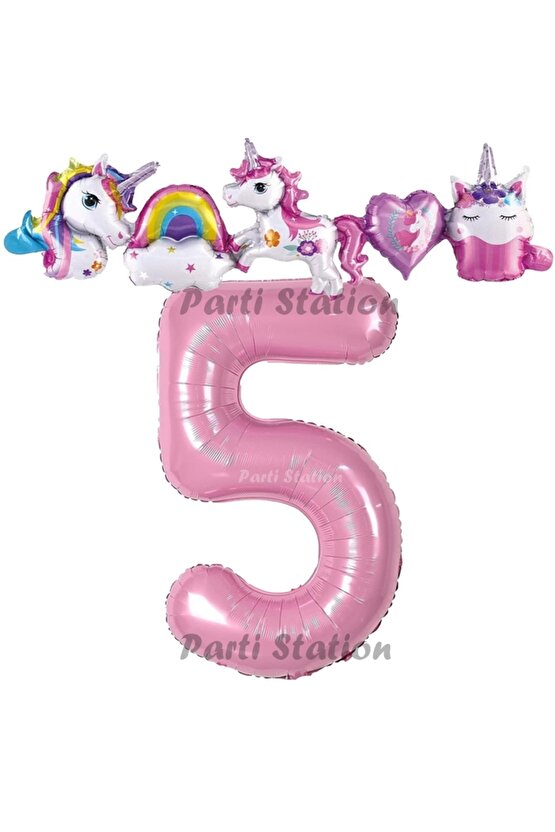 Pembe Renk Rakam Balonlu Unicorn 5 Yaş Doğum Günü Parti Balon Set Pembe Renk Unicorn Tema Parti Seti