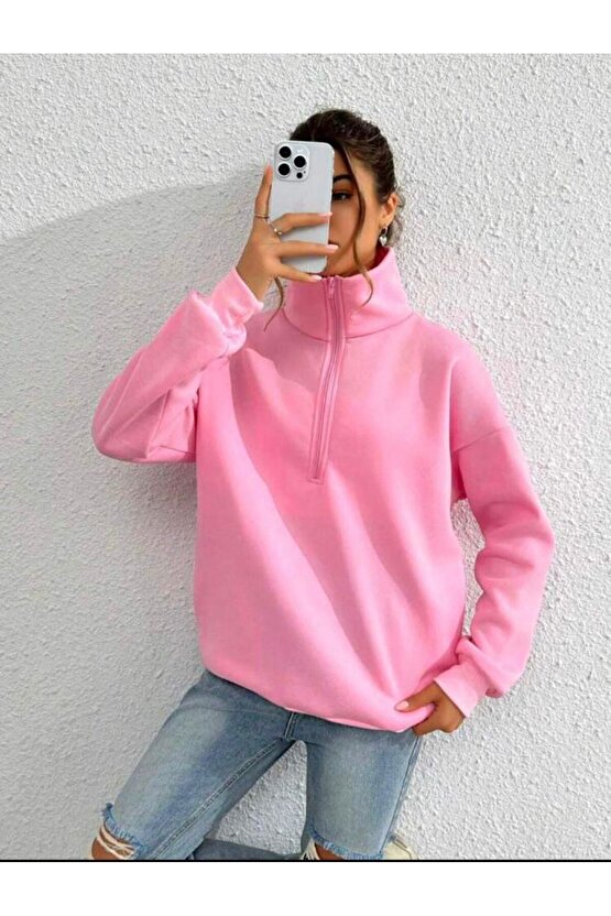 Kadın Yarım Fermuarlı Bebe Pembe Oversize Dik Yaka Sweatshirt