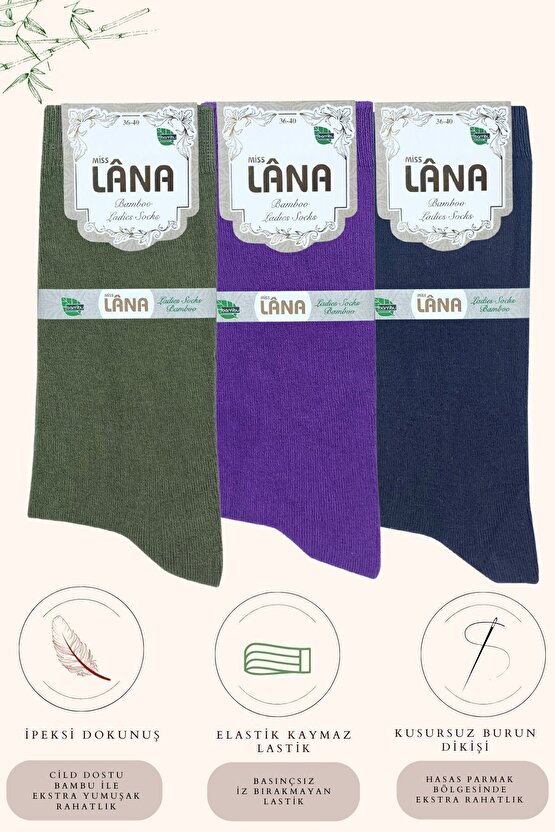 Kadın Çorabı Ter Emici Dikişsiz Extra Soft Model Soket Uzun Bambu Çorap (3 ÇİFT) Asorti Renk